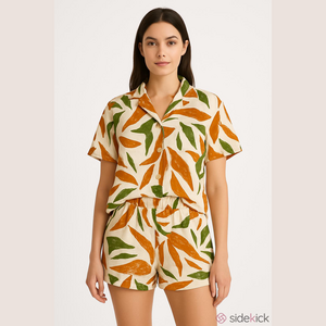 Dress Forum Orange Green Patterned Button Down Short Sleeve Top and Short Set